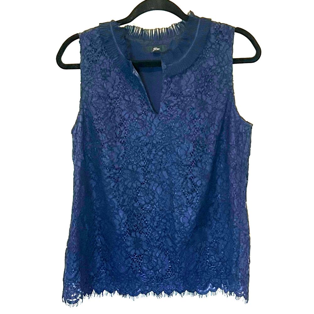J Crew Lace Ruffle-Neck Top And Lace Pant Set Dark Blue Womans Petite 8 M - Picture 2 of 14